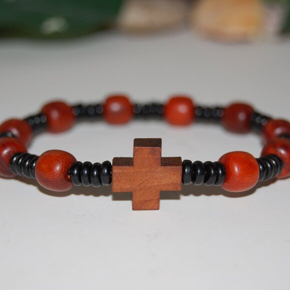 Cross Bracelet,Wood Bracelet,Cross Wood Bracelet,Rosary Bracelet,Wood Rosary Bra - Picture 2 of 2